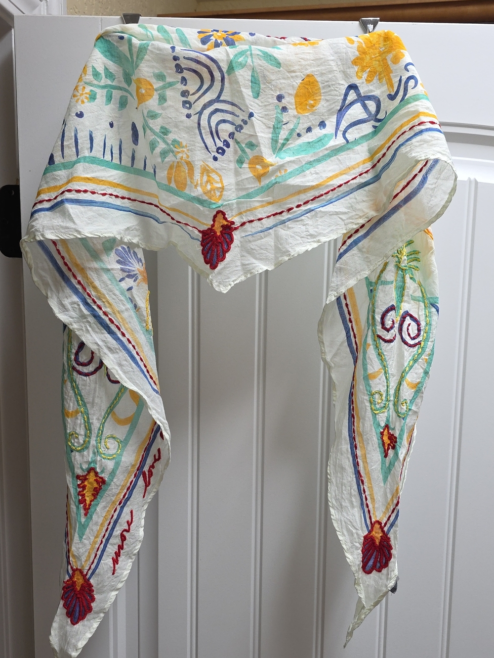 J.Jill Colorful Floral Hand-Painted Scarf - Cream Base with Yellow, Blue, Green
